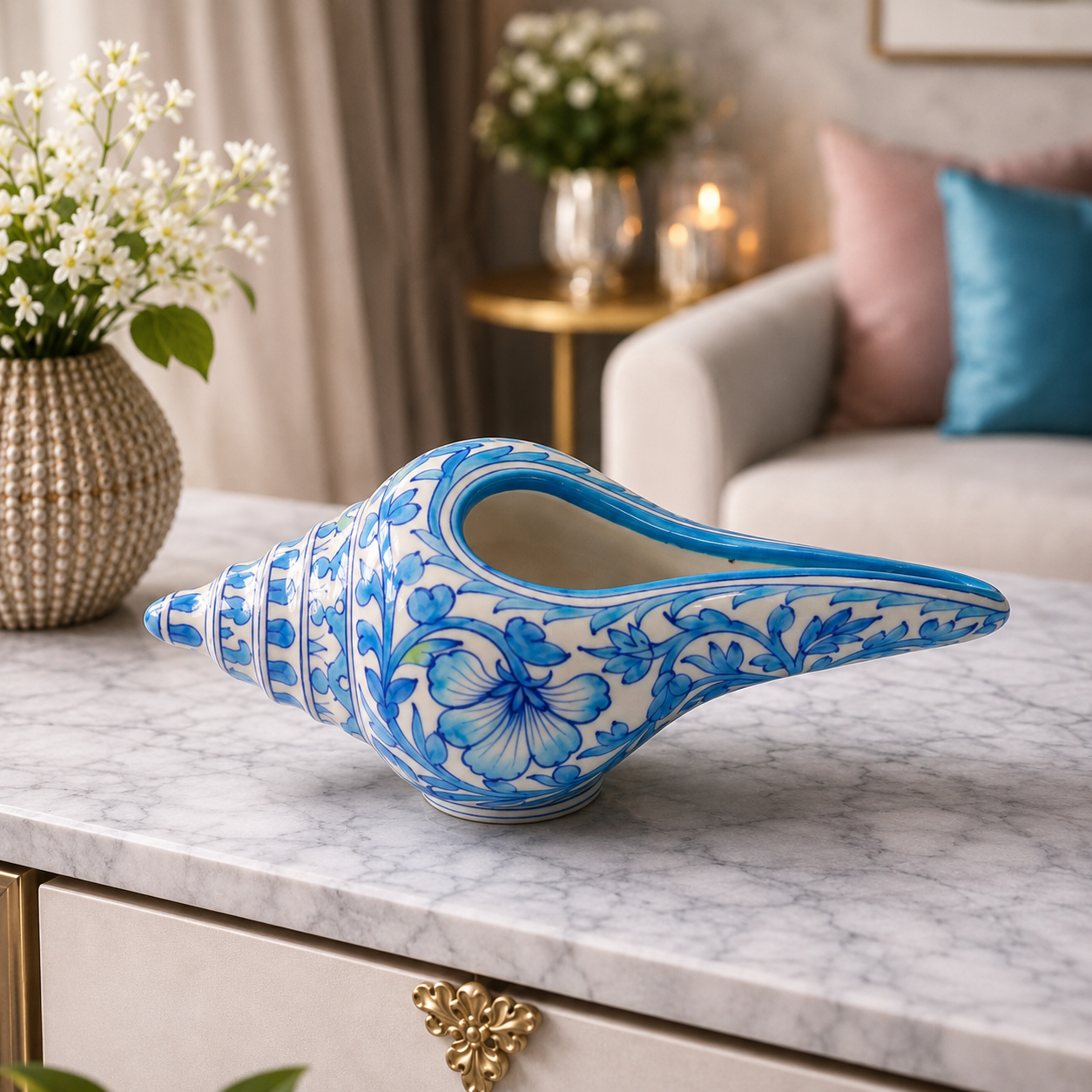Blue Pottery Blue Shankh (Conch) Statement Décor Piece Length: 10" | Height: 5" | Width: 5"