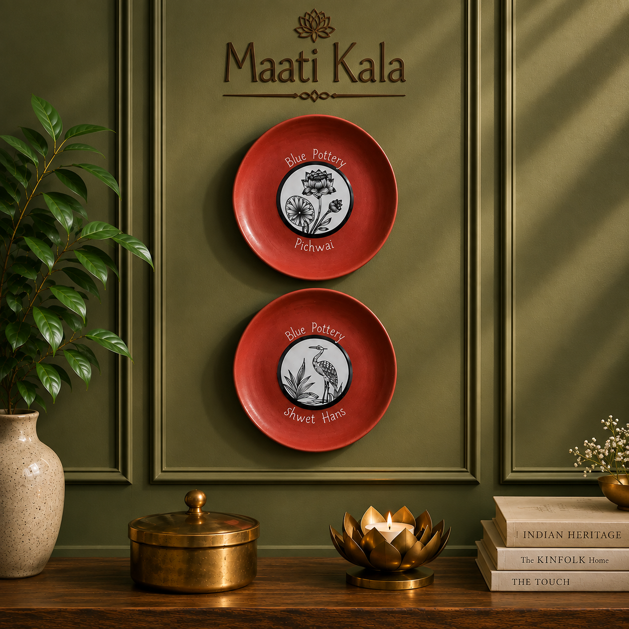 Maati Kala Blue Pottery Art Plates – Pichwai & Shwet Hans. Size 8" per plate