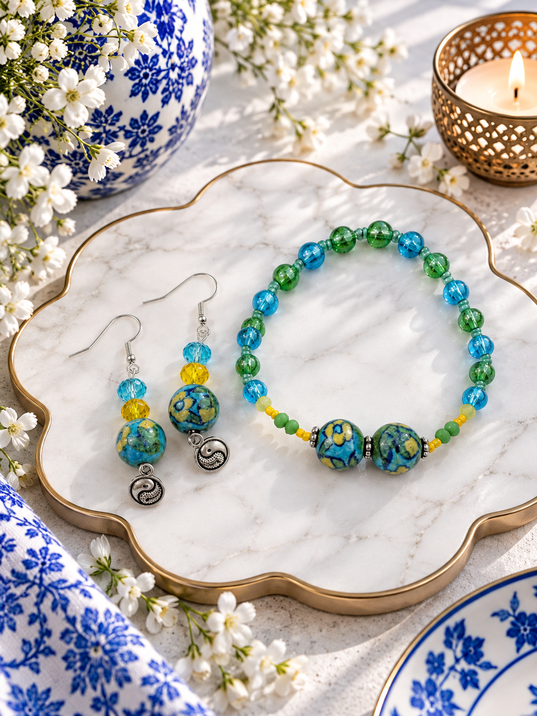 Blue Pottery Bead Fusion Necklace & Earring Set