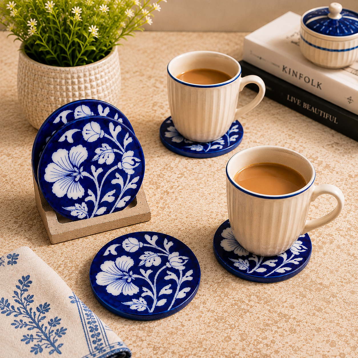 Jaipur Bloom Blue Pottery Coaster Set. Set of 4 | Diameter: 4"