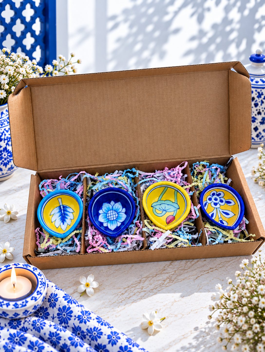 Handcrafted Floral Blue Pottery Diya Set of 4