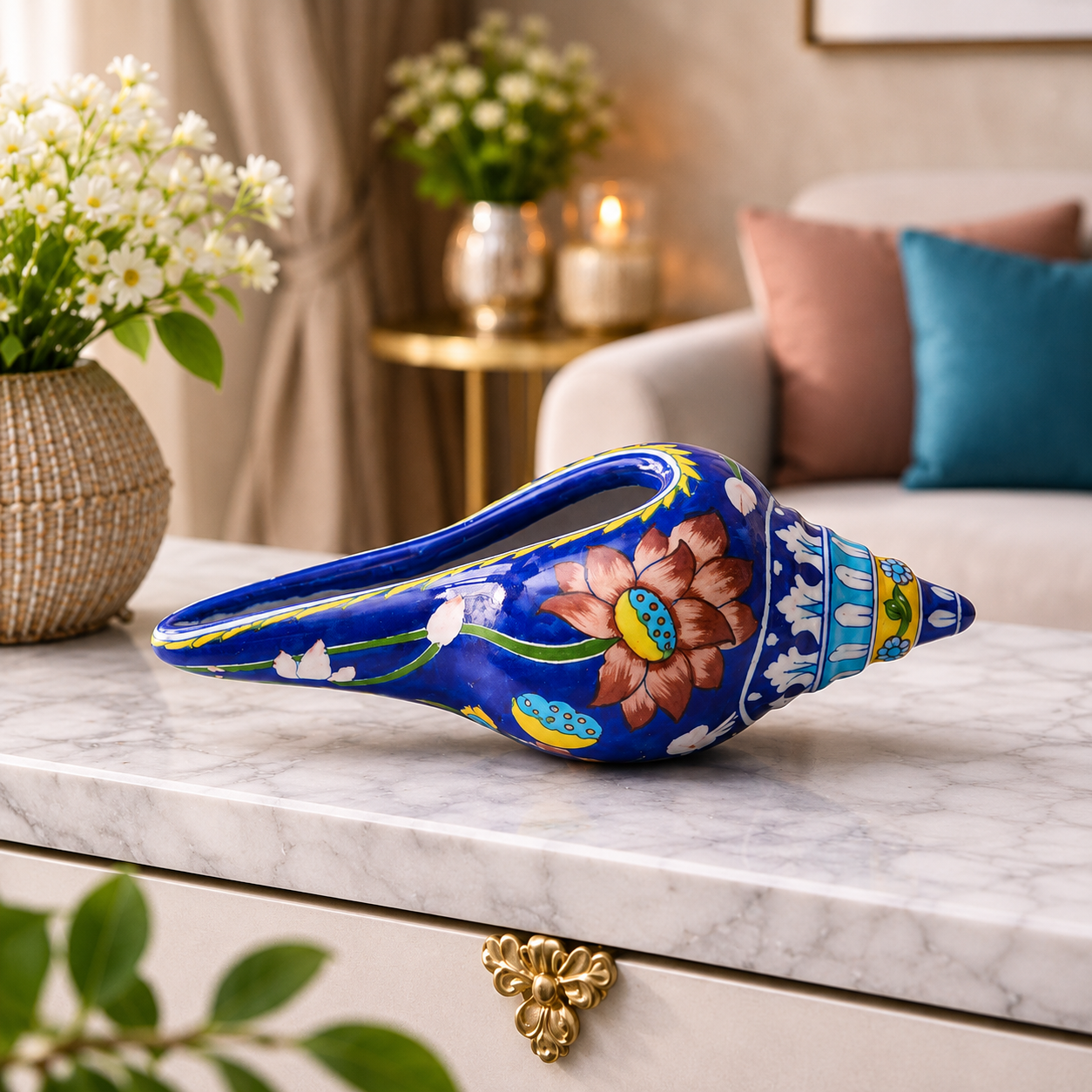 Lotus Heritage Blue Pottery Lotus Shankh (Conch) Length: 10" | Height: 5" | Width: 5"