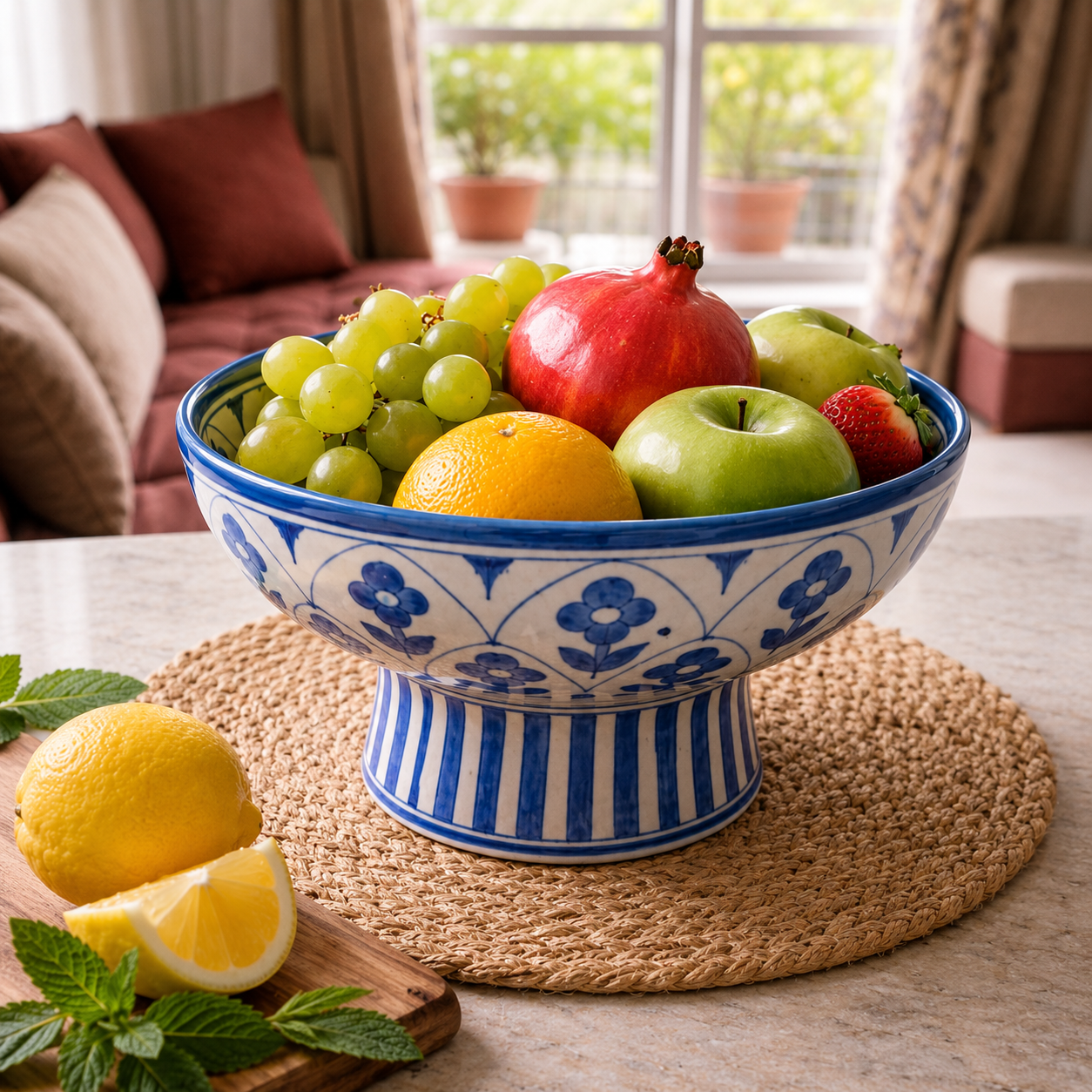 Jaipur Bloom Blue Pottery Pedestal Fruit Bowl.  Diameter: 8" | Height: 5" | Depth: 5"
