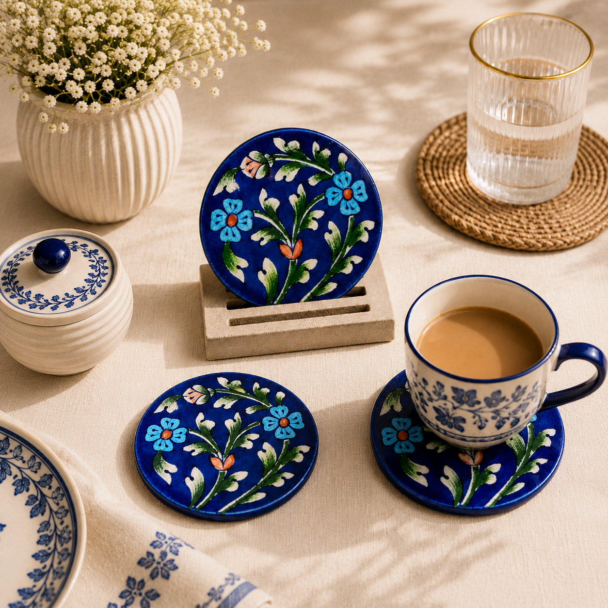 Jaipur Bloom Blue Pottery Coaster Set. Set of 4 | Diameter: 4"