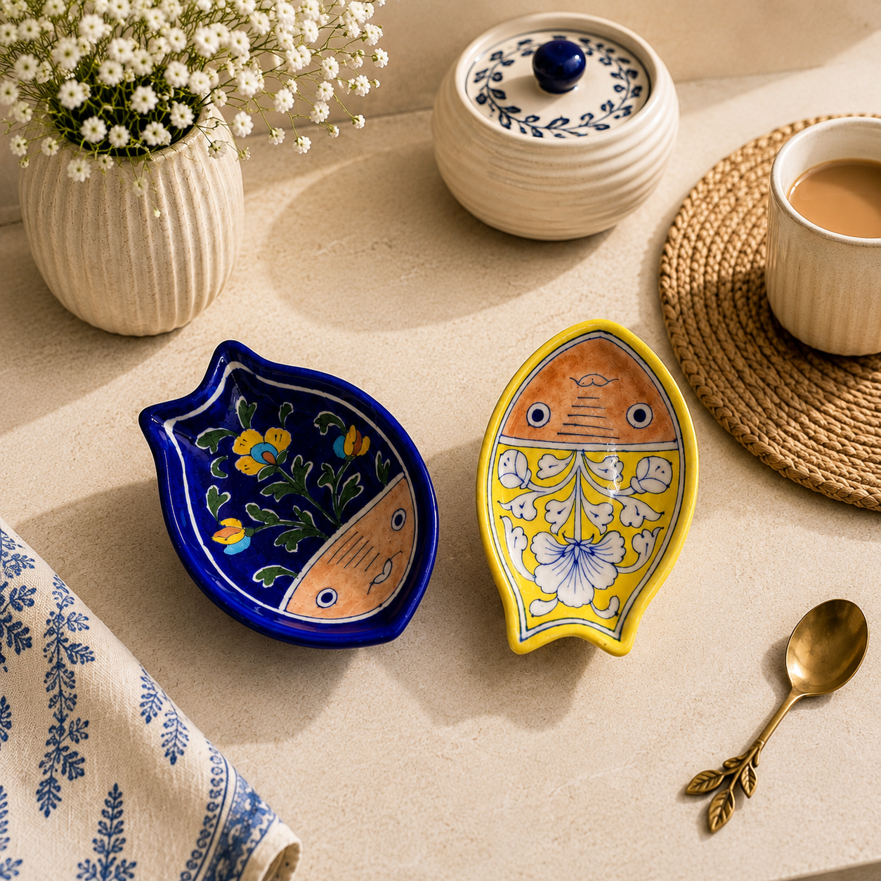 Aqua Bloom Blue Pottery Fish Spoon Rest Set Set of 2 | Length: 5.5" | Width: 4"