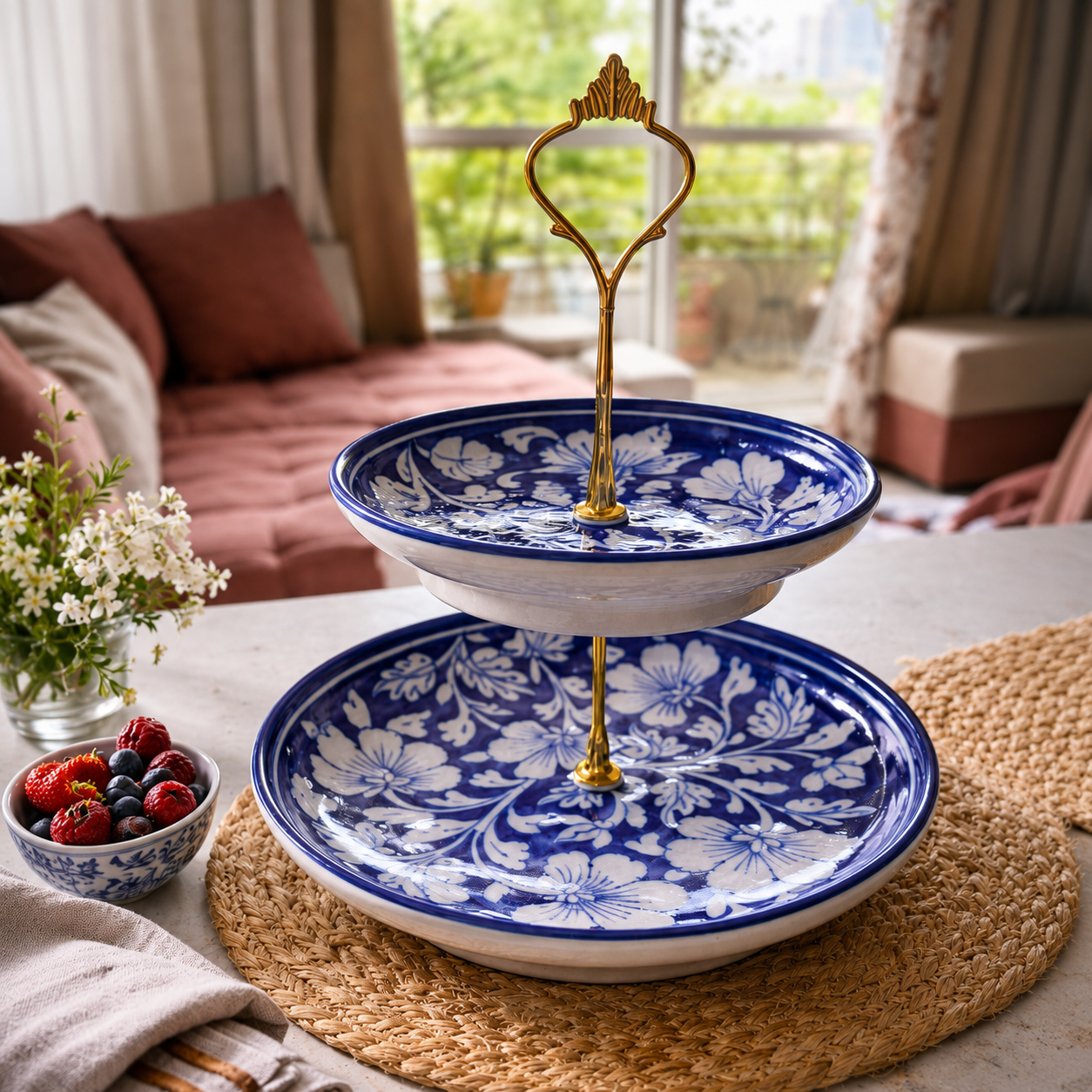 Blue Floral 2-Tier Snack &amp; Dessert Stand. Bottom Plate: 10" | Top Plate: 8" | Premium Brass Stand (Available in Gold &amp; Silver Finish)