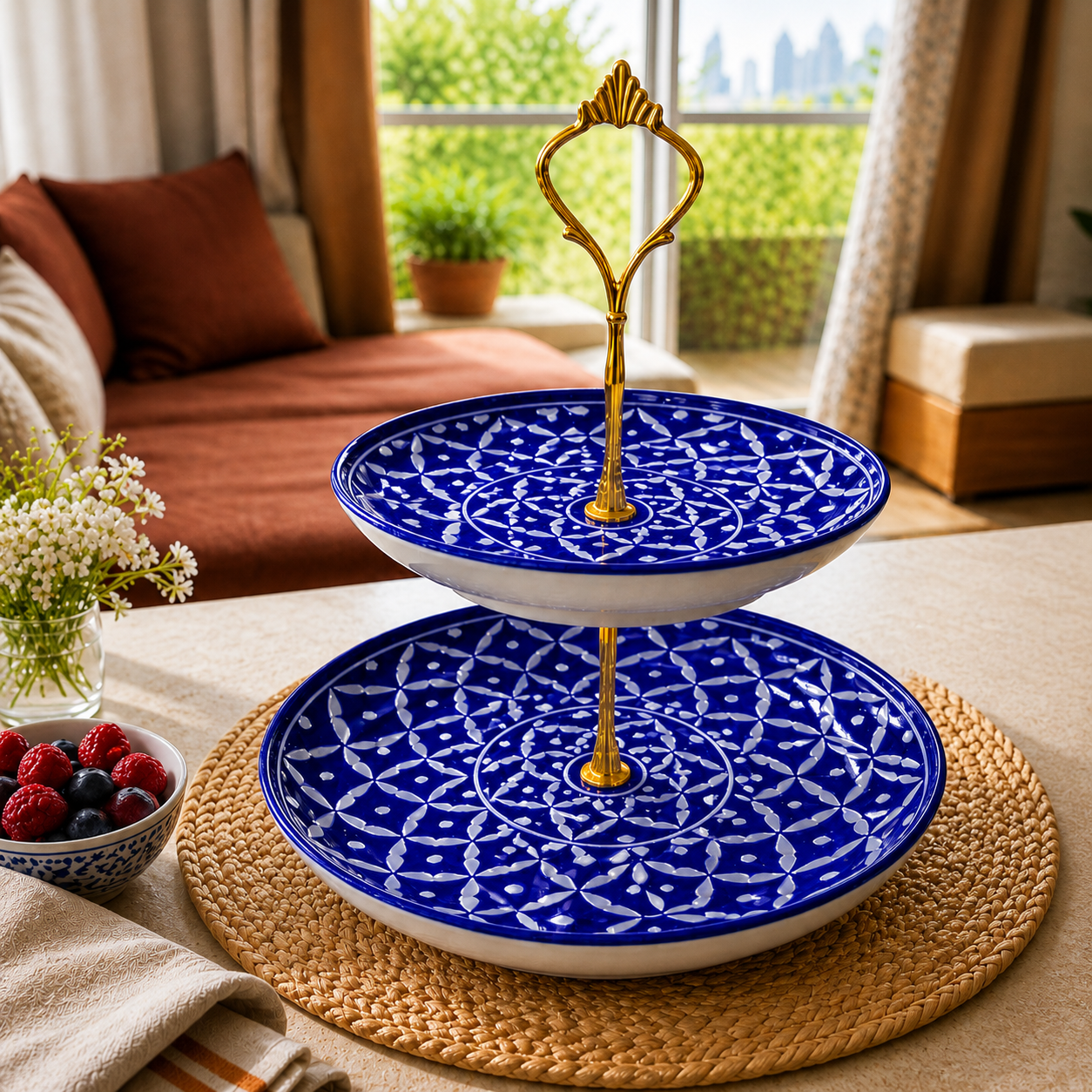 Geometry-Inspired Blue Pottery Two-Tier Cake & Snack Stand. Bottom Plate: 10" | Top Plate: 8" | Premium Brass Stand (Available in Gold & Silver Finish)