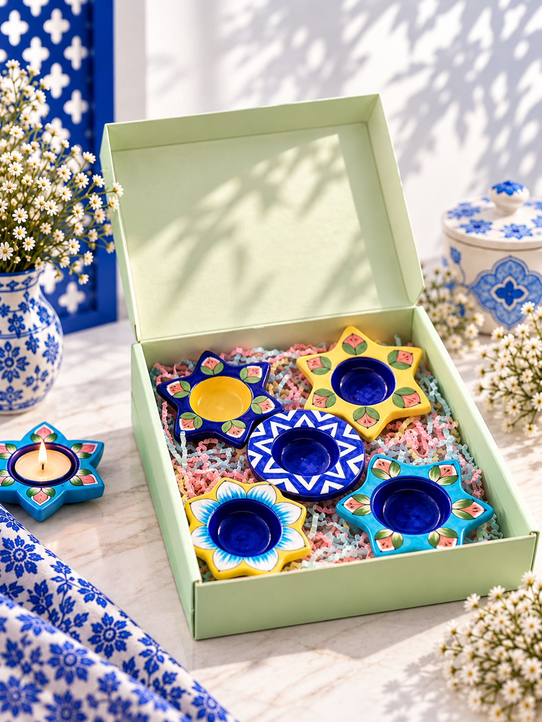 Handcrafted Blue Pottery Tea Light Holders – Set of 5 | 4"