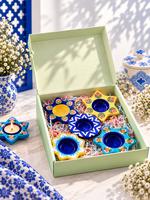 Handcrafted Floral Blue Pottery Diya Set of 4