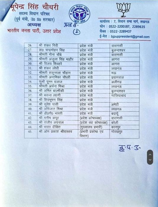 -भारतीय जनता पार्टी ने अपने प्रदेश पदाधिकारियों की सूची शनिवार रात जारी कर दी है। प्रदेश पदाधिकारियो