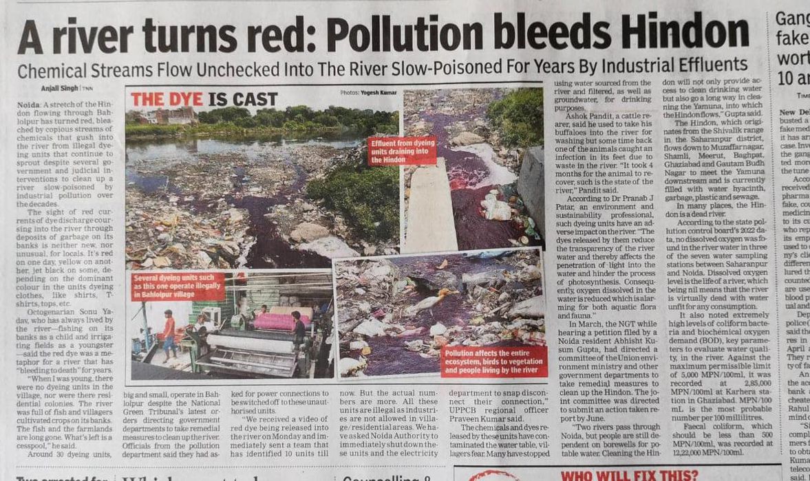 -नोएडा के बहलोलपुर में बहने वाली हिंडन नदी का रंग हाल ही में खून जैसा लाल नजर आया, कचरे से अटी हिंडन