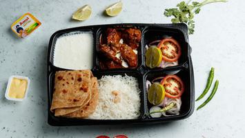 Chicken Korma, Rice, 2 Roti, Salad, Raita