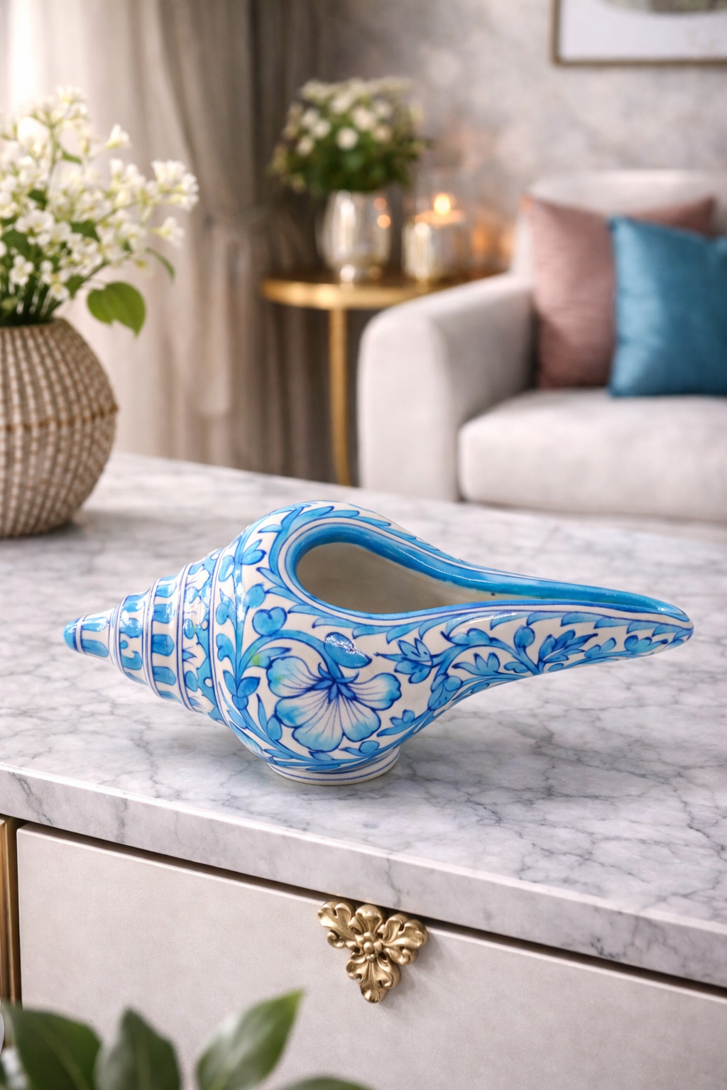 Blue Pottery Blue Shankh (Conch) Statement Décor Piece Length: 10" | Height: 5" | Width: 5"